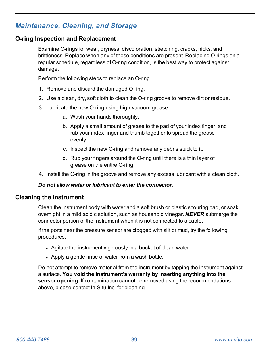 8 maintenance, cleaning, and storage, O-ring inspection and replacement, Cleaning the instrument | Maintenance, cleaning, and storage | In-Situ Rugged TROLL 100/200 Operators Manual User Manual | Page 39 / 46