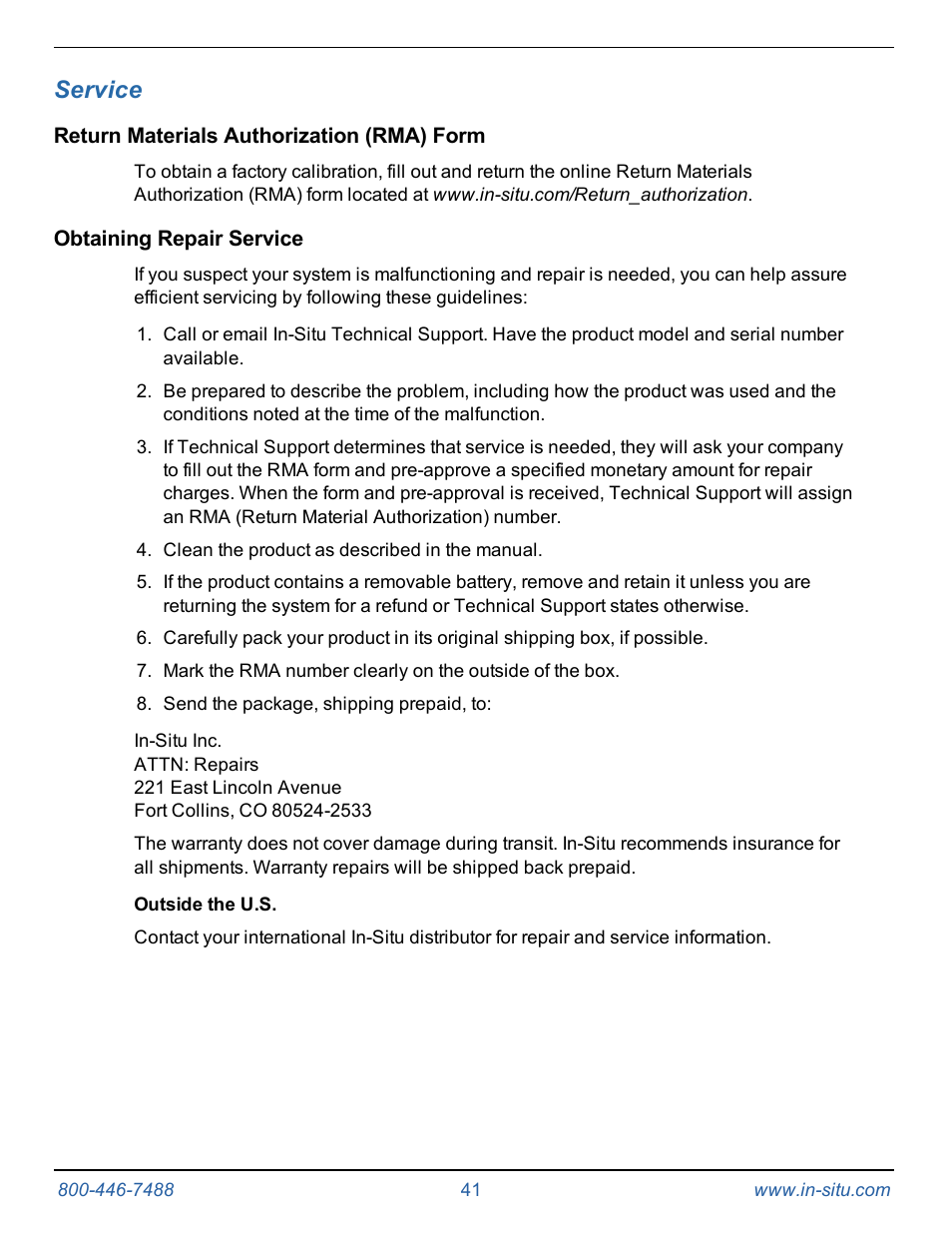 9 service, Return materials authorization (rma) form, Obtaining repair service | Service | In-Situ Rugged TROLL 100/200 Operators Manual User Manual | Page 41 / 46