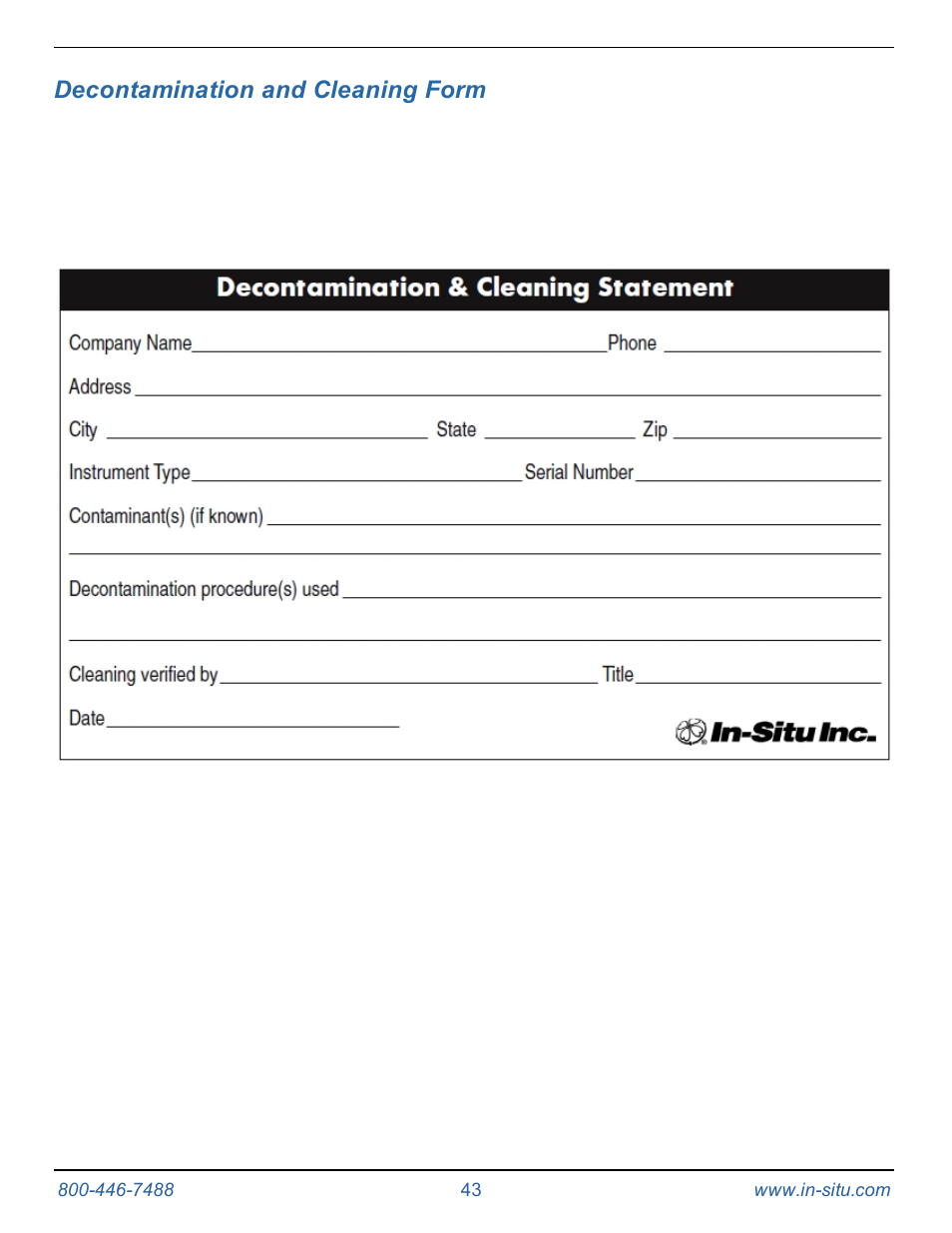 10 decontamination and cleaning form, Decontamination and cleaning form | In-Situ Rugged TROLL 100/200 Operators Manual User Manual | Page 43 / 46