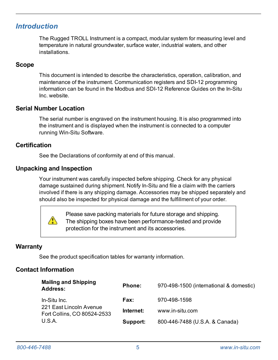 2 introduction, Scope, Serial number location | Certification, Unpacking and inspection, Warranty, Contact information, Introduction | In-Situ Rugged TROLL 100/200 Operators Manual User Manual | Page 5 / 46