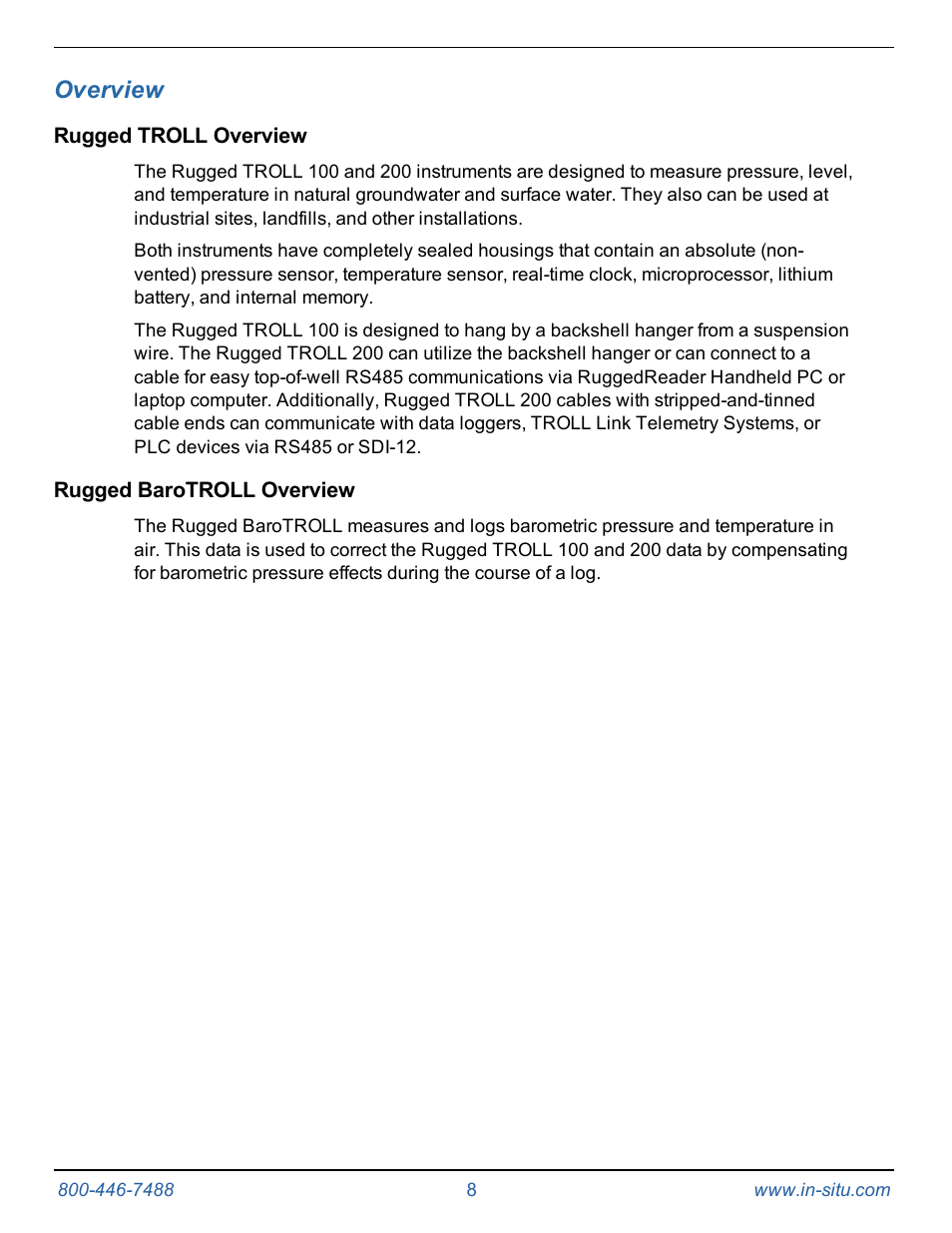 4 overview, Rugged troll overview, Rugged barotroll overview | Overview | In-Situ Rugged TROLL 100/200 Operators Manual User Manual | Page 8 / 46