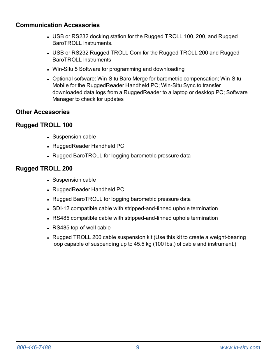 Communication accessories, Other accessories, Other accessories rugged troll 100 | Rugged troll 200 | In-Situ Rugged TROLL 100/200 Operators Manual User Manual | Page 9 / 46
