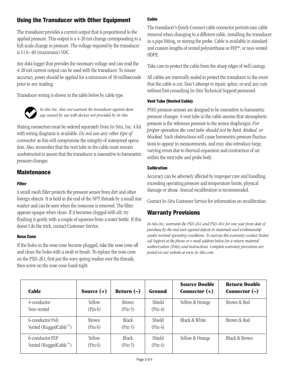 Using the transducer with other equipment, Maintenance, Warranty provisions | In-Situ PXD-461 Operators Manual User Manual | Page 3 / 4