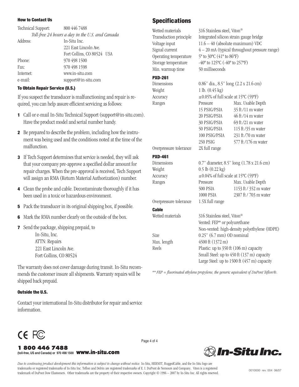 Specifications | In-Situ PXD-461 Operators Manual User Manual | Page 4 / 4