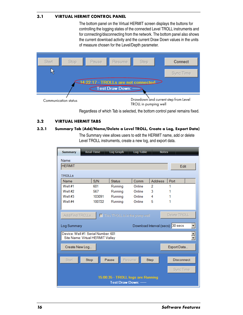 Heading1 - 3.1 virtual hermit control panel, Heading1 - 3.2 virtual hermit tabs, 1 virtual hermit control panel | 2 virtual hermit tabs | In-Situ Virtual HERMIT Tutorial User Manual | Page 16 / 42