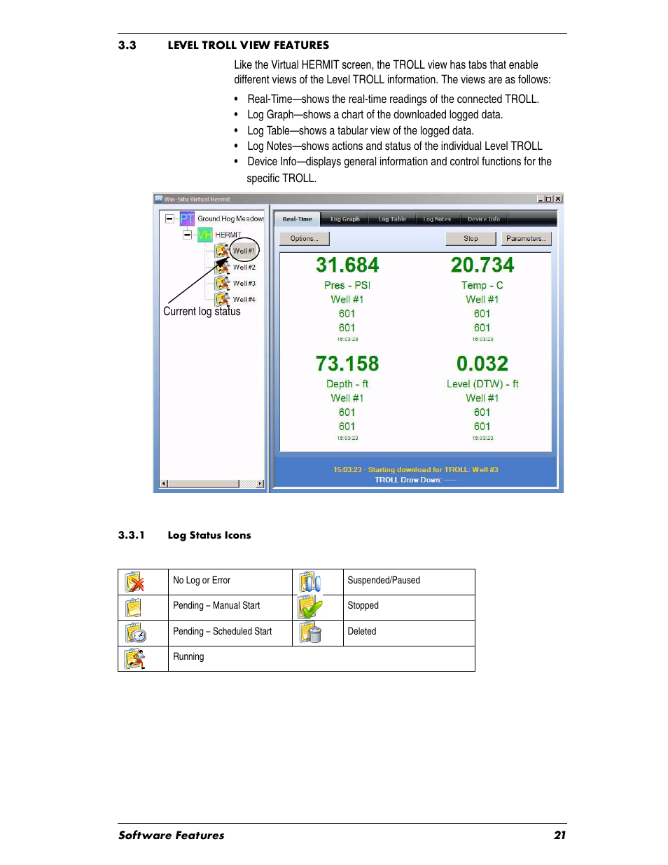 Heading1 - 3.3 level troll view features, Heading2 - 3.3.1 log status icons, 3 level troll view features | 1 log status icons | In-Situ Virtual HERMIT Tutorial User Manual | Page 21 / 42