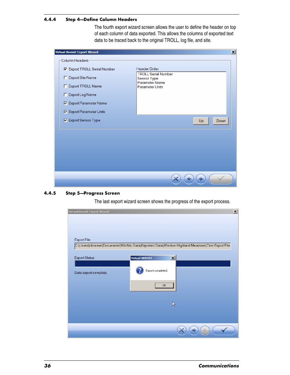 Heading2 - 4.4.4 step 4—define column headers, Heading2 - 4.4.5 step 5—progress screen | In-Situ Virtual HERMIT Tutorial User Manual | Page 36 / 42