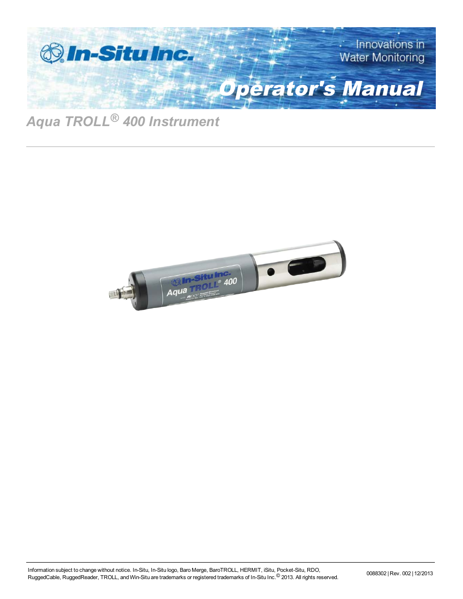 In-Situ Aqua TROLL 400 Operators Manual User Manual | 41 pages