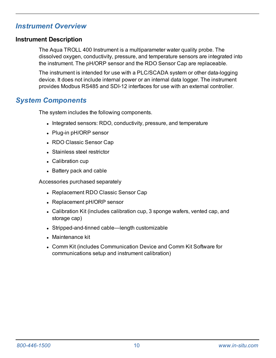 5 instrument overview, Instrument description, 6 system components | Instrument overview, System components | In-Situ Aqua TROLL 400 Operators Manual User Manual | Page 10 / 41