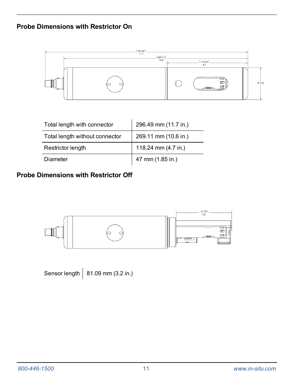 Probe dimensions with restrictor on, Probe dimensions with restrictor off | In-Situ Aqua TROLL 400 Operators Manual User Manual | Page 11 / 41