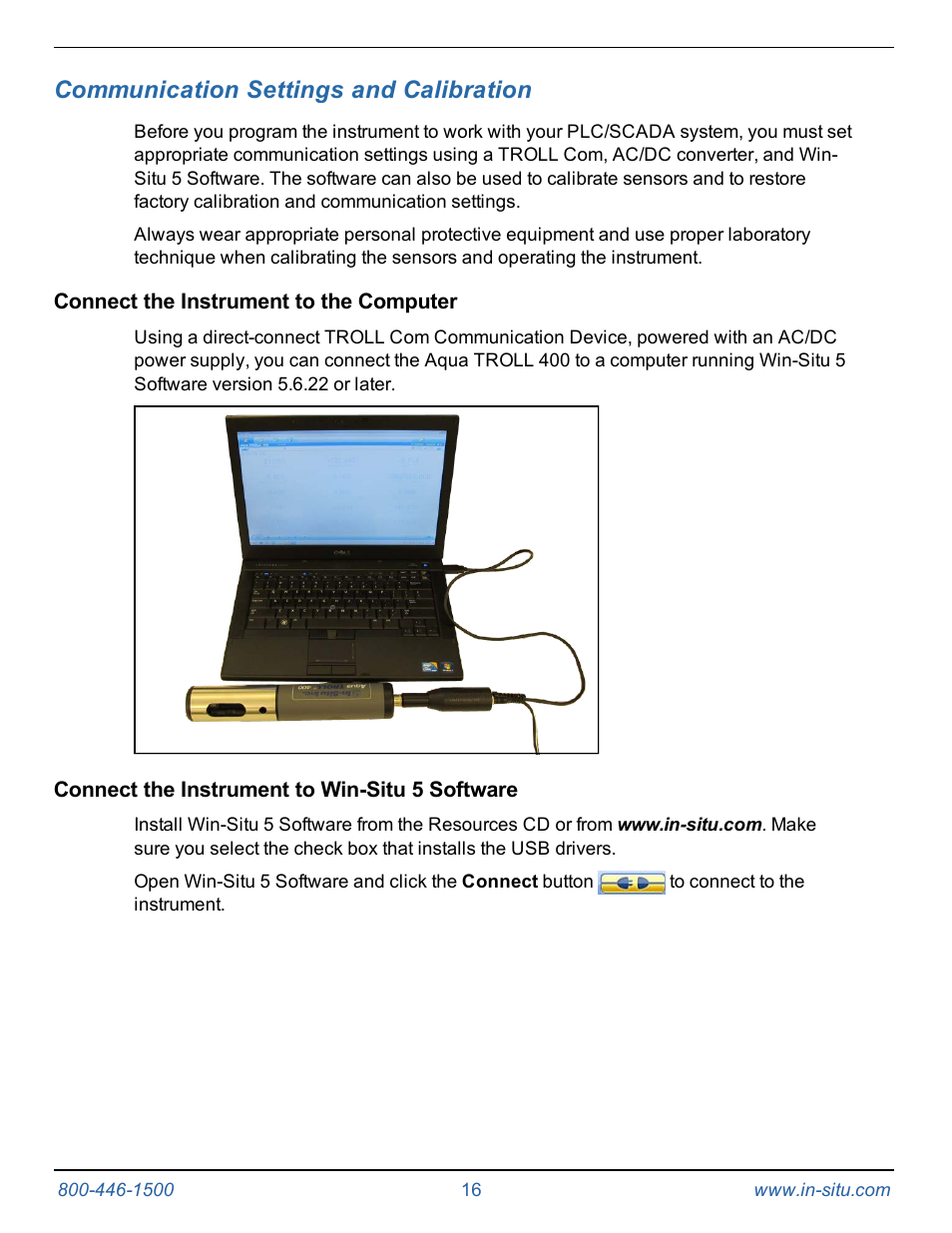 8 communication settings and calibration, Connect the instrument to the computer, Connect the instrument to win-situ 5 software | Communication settings and calibration | In-Situ Aqua TROLL 400 Operators Manual User Manual | Page 16 / 41