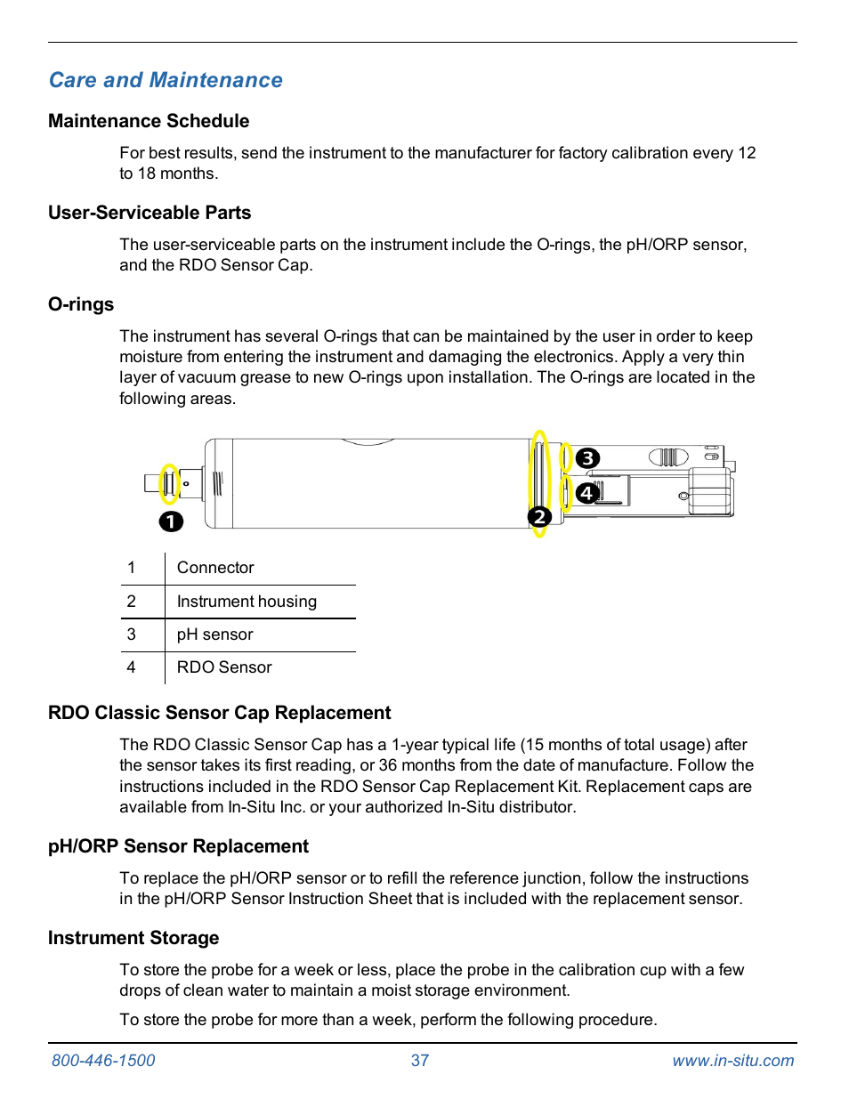 10 care and maintenance, Maintenance schedule, User-serviceable parts | O-rings, Rdo classic sensor cap replacement, Ph/orp sensor replacement, Instrument storage, Care and maintenance | In-Situ Aqua TROLL 400 Operators Manual User Manual | Page 37 / 41