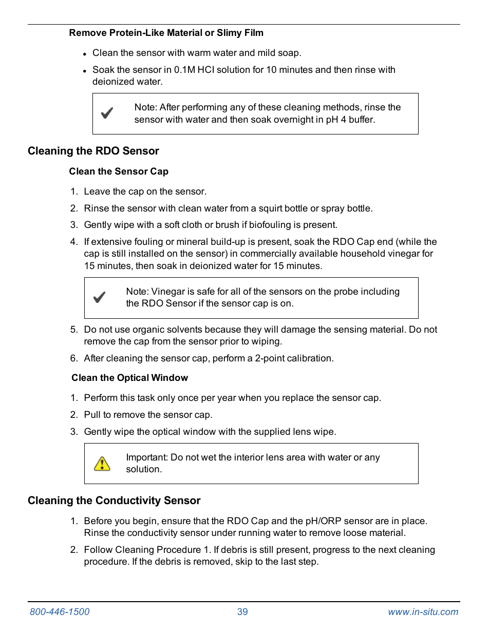 Remove protein-like material or slimy film, Cleaning the rdo sensor, Clean the sensor cap | Clean the optical window, Cleaning the conductivity sensor | In-Situ Aqua TROLL 400 Operators Manual User Manual | Page 39 / 41