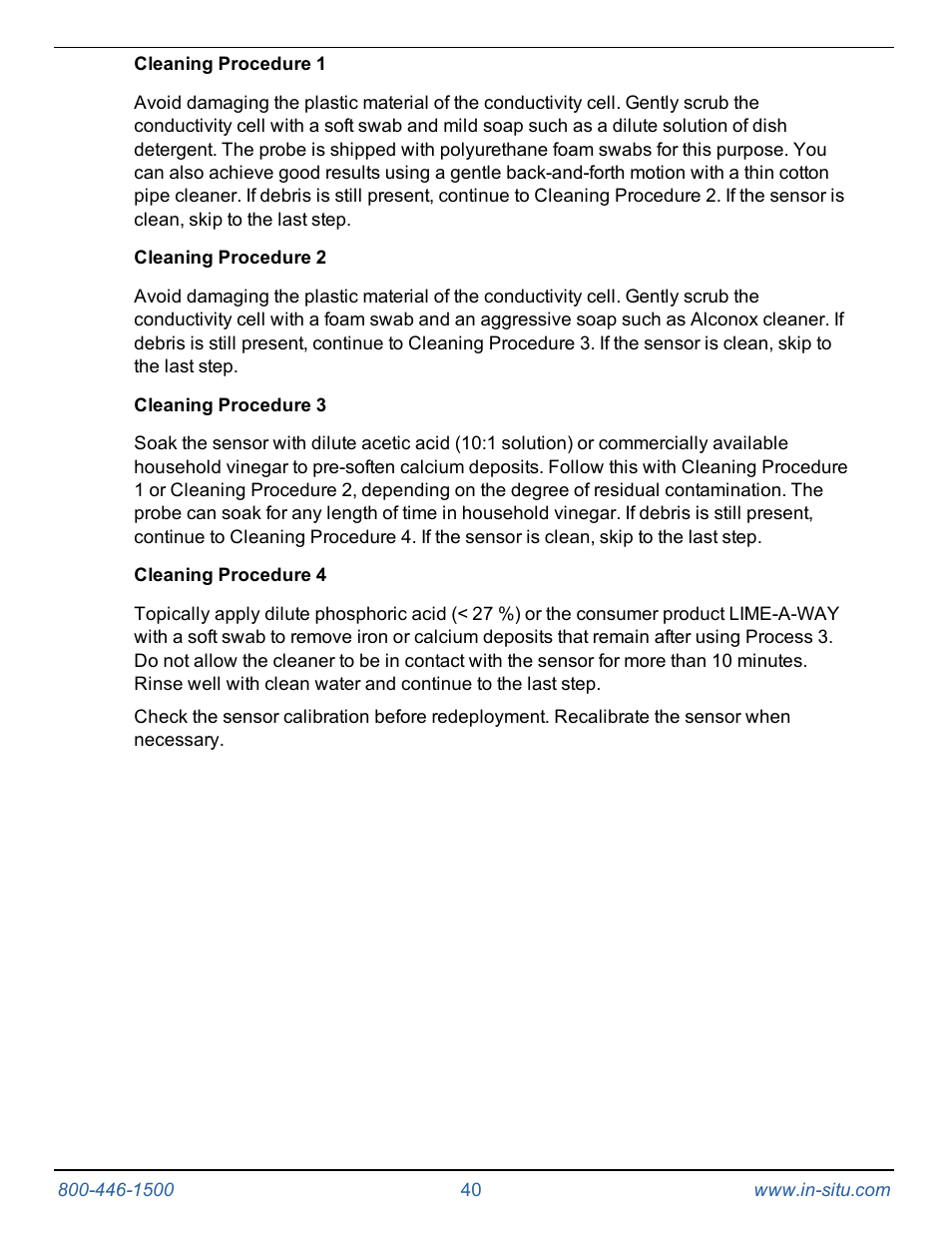 Cleaning procedure 1, Cleaning procedure 2, Cleaning procedure 3 | Cleaning procedure 4 | In-Situ Aqua TROLL 400 Operators Manual User Manual | Page 40 / 41