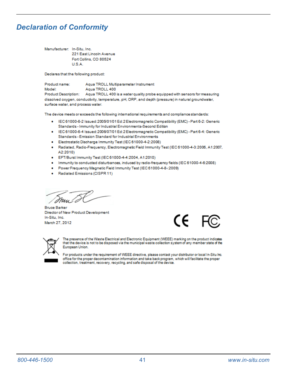 11 declaration of conformity, Declaration of conformity | In-Situ Aqua TROLL 400 Operators Manual User Manual | Page 41 / 41