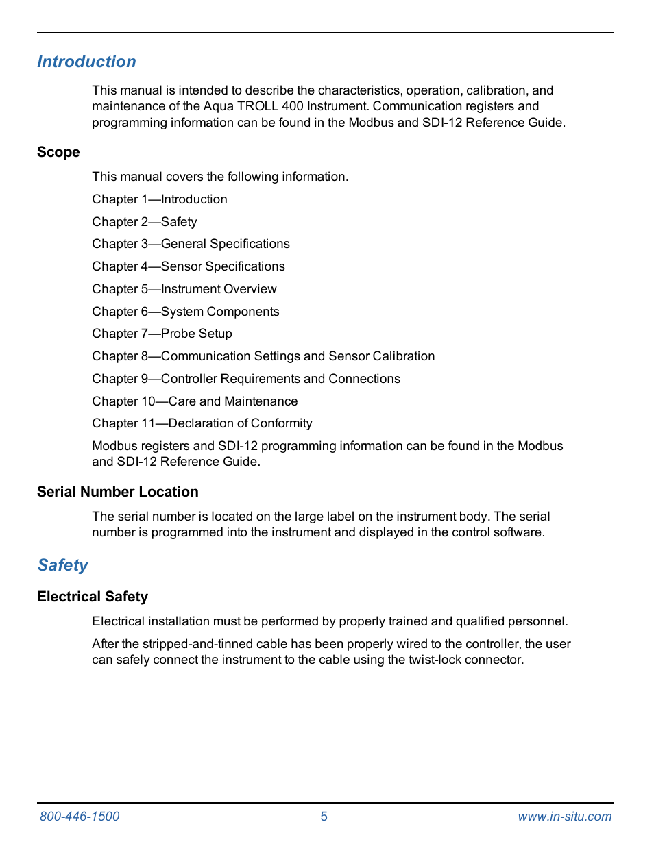 1 introduction, Scope, Serial number location | 2 safety, Electrical safety, Introduction, Safety | In-Situ Aqua TROLL 400 Operators Manual User Manual | Page 5 / 41