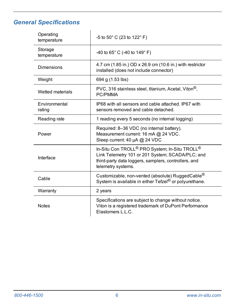 3 general specifications, General specifications | In-Situ Aqua TROLL 400 Operators Manual User Manual | Page 6 / 41