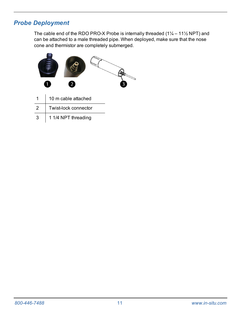 4 probe deployment, Probe deployment | In-Situ RDO PRO-X Process Optical Dissolved Oxygen Sensor Manual User Manual | Page 11 / 29