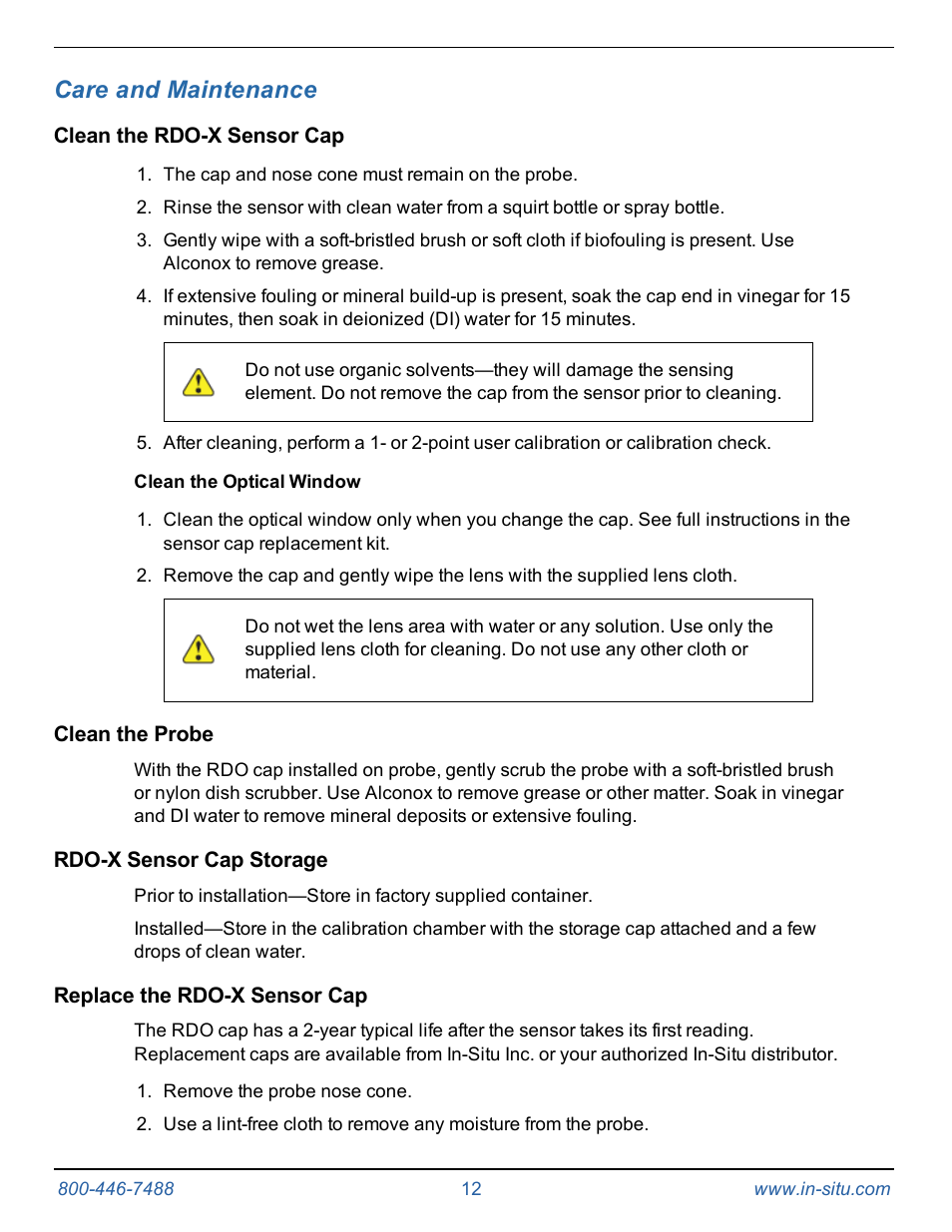 5 care and maintenance, Clean the rdo-x sensor cap, Clean the optical window | Clean the probe, Rdo-x sensor cap storage, Replace the rdo-x sensor cap, Care and maintenance | In-Situ RDO PRO-X Process Optical Dissolved Oxygen Sensor Manual User Manual | Page 12 / 29