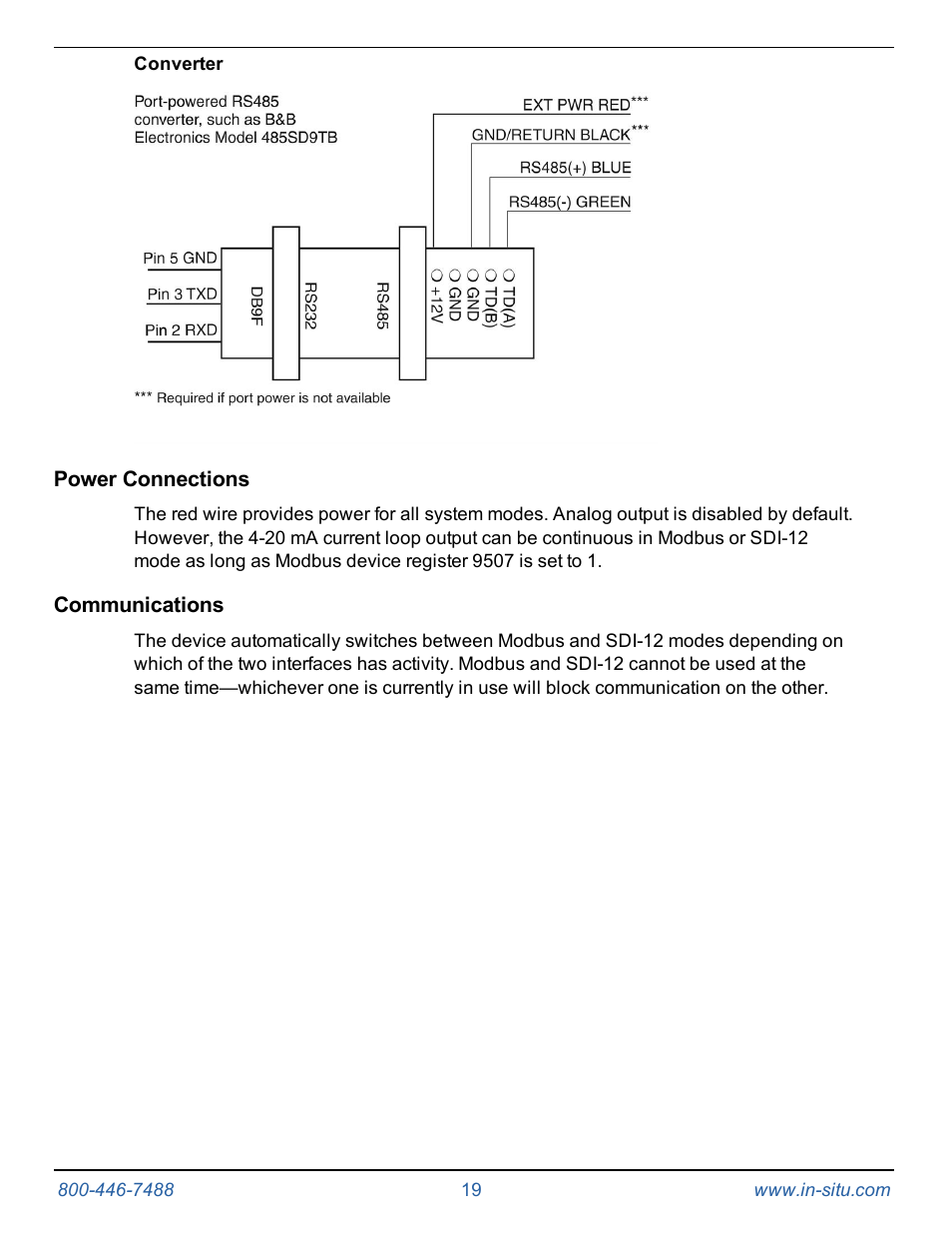 Converter, Power connections, Communications | In-Situ RDO PRO-X Process Optical Dissolved Oxygen Sensor Manual User Manual | Page 19 / 29