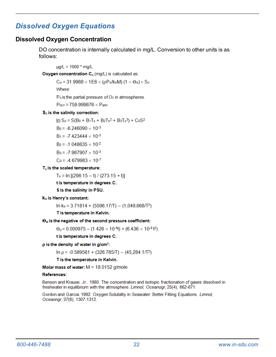 8 dissolved oxygen equations, Dissolved oxygen concentration, Dissolved oxygen equations | In-Situ RDO PRO-X Process Optical Dissolved Oxygen Sensor Manual User Manual | Page 22 / 29