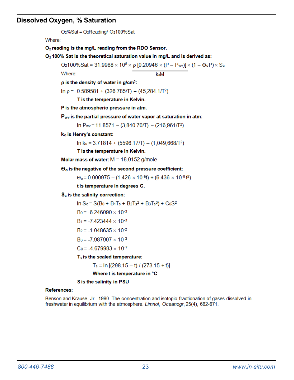 Dissolved oxygen, % saturation | In-Situ RDO PRO-X Process Optical Dissolved Oxygen Sensor Manual User Manual | Page 23 / 29