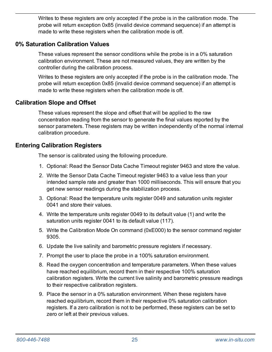 0% saturation calibration values, Calibration slope and offset, Entering calibration registers | In-Situ RDO PRO-X Process Optical Dissolved Oxygen Sensor Manual User Manual | Page 25 / 29