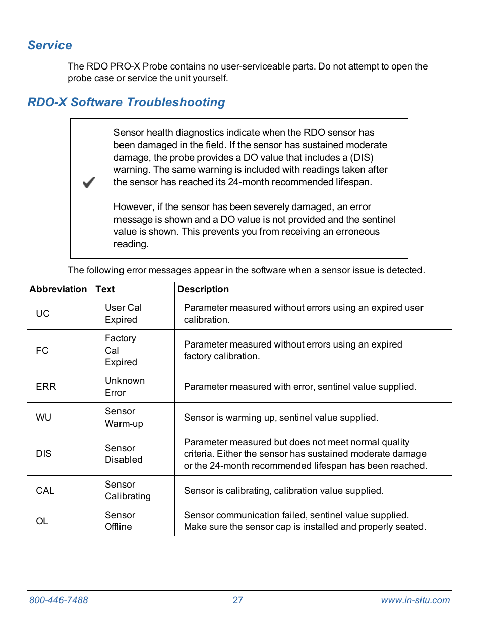 10 service, 11 rdo-x software troubleshooting, Service | Rdo-x software troubleshooting | In-Situ RDO PRO-X Process Optical Dissolved Oxygen Sensor Manual User Manual | Page 27 / 29