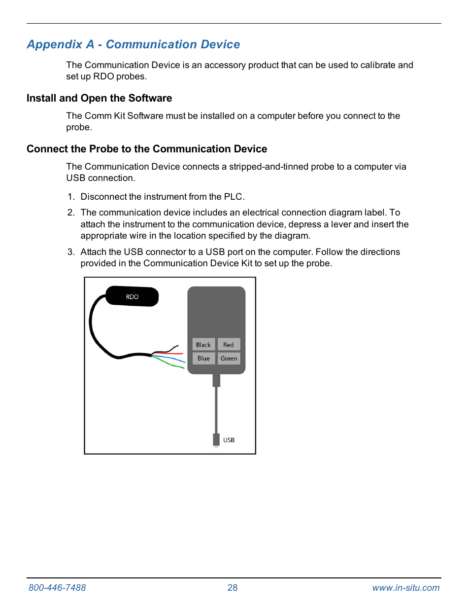 12 appendix a - communication device, Install and open the software, Connect the probe to the communication device | Appendix a - communication device | In-Situ RDO PRO-X Process Optical Dissolved Oxygen Sensor Manual User Manual | Page 28 / 29