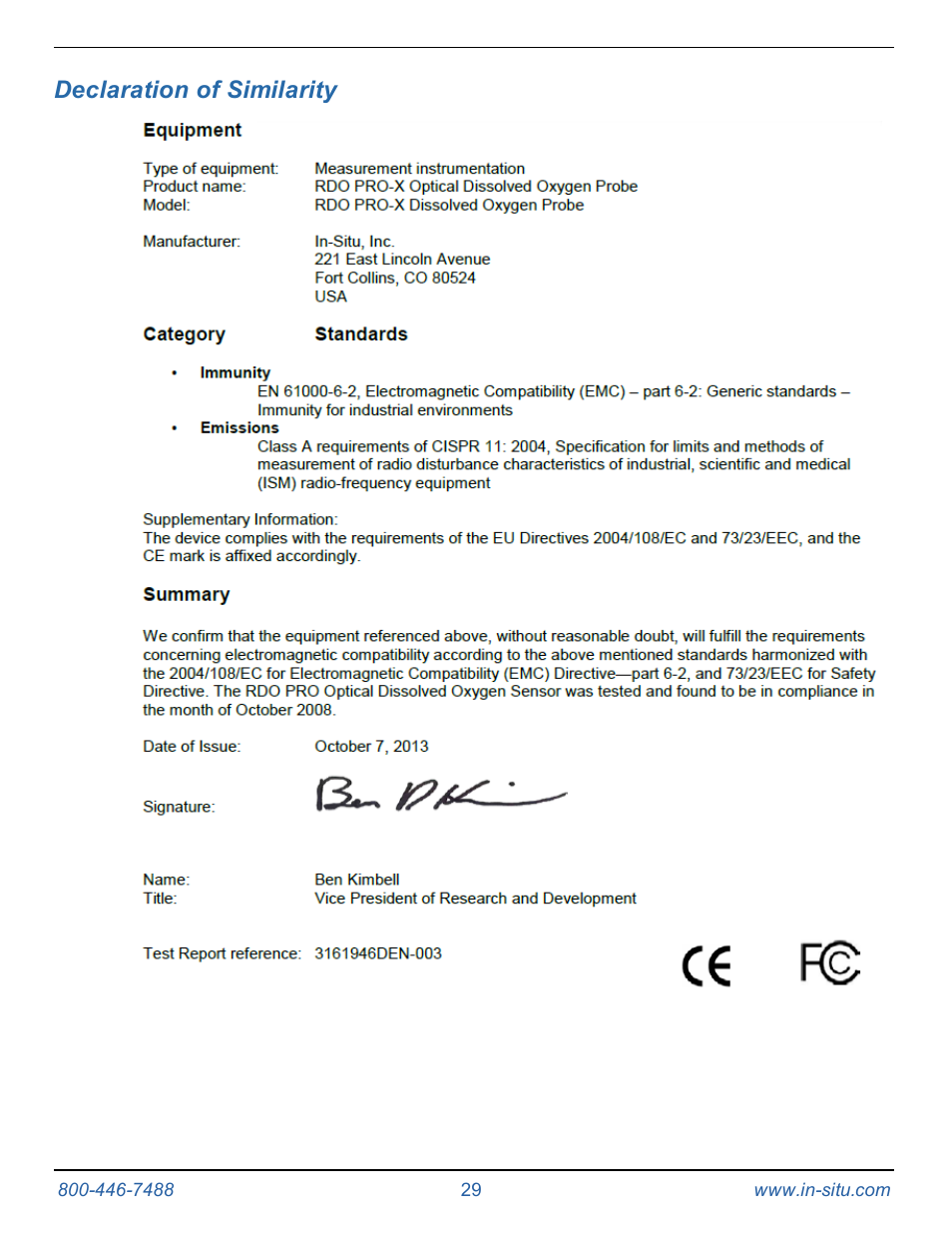 13 declaration of similarity, Declaration of similarity | In-Situ RDO PRO-X Process Optical Dissolved Oxygen Sensor Manual User Manual | Page 29 / 29