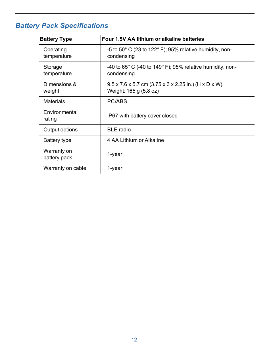 5 battery pack specifications, Battery pack specifications | In-Situ smarTROLL Multiparameter Handheld Operators Manual User Manual | Page 12 / 71