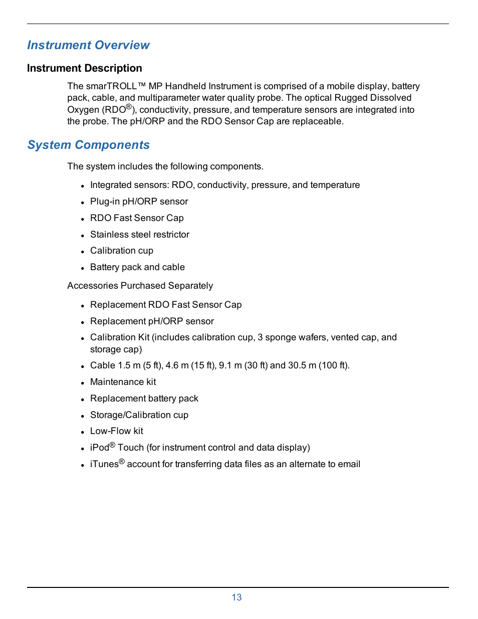 6 instrument overview, Instrument description, 7 system components | Chapter 3—overview, Chapter 4—system components, Instrument overview, System components | In-Situ smarTROLL Multiparameter Handheld Operators Manual User Manual | Page 13 / 71