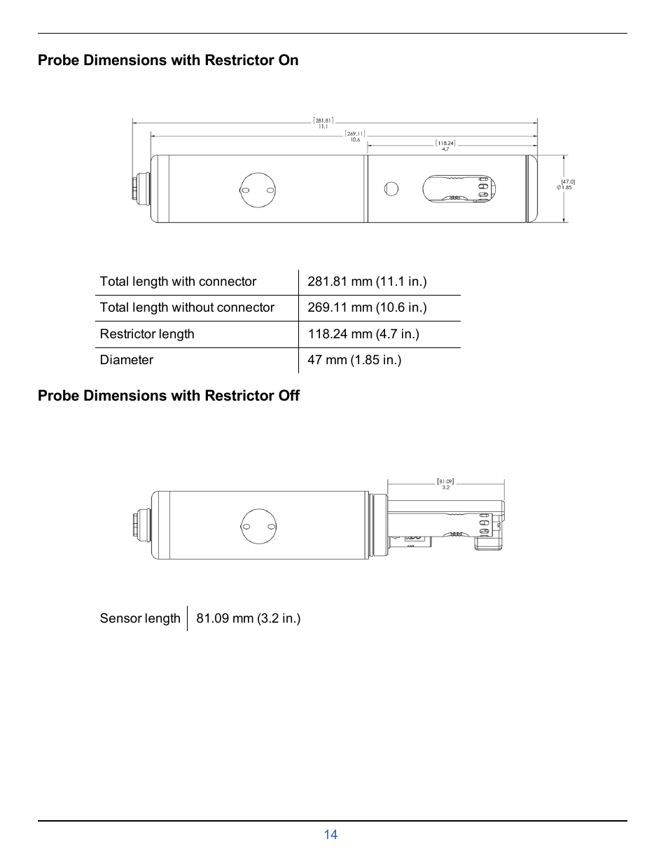 Probe dimensions with restrictor on, Probe dimensions with restrictor off | In-Situ smarTROLL Multiparameter Handheld Operators Manual User Manual | Page 14 / 71