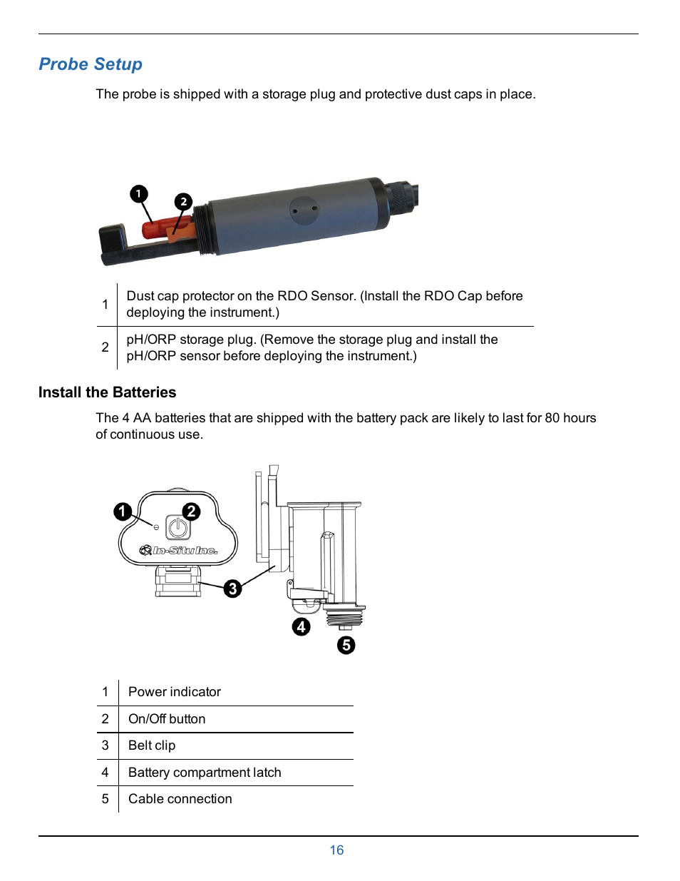 8 probe setup, Install the batteries, Chapter 5—probe setup | Probe setup | In-Situ smarTROLL Multiparameter Handheld Operators Manual User Manual | Page 16 / 71