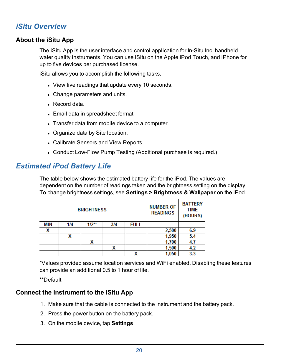 9 isitu overview, About the isitu app, Connect the instrument to the isitu app | Chapter 6—isitu overview, Isitu overview, Estimated ipod battery life | In-Situ smarTROLL Multiparameter Handheld Operators Manual User Manual | Page 20 / 71