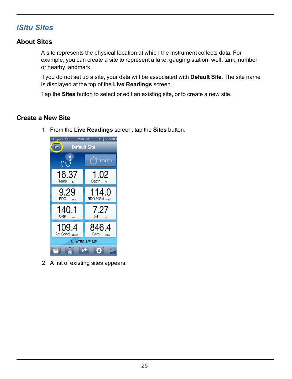 10 isitu sites, About sites, Create a new site | Chapter 7—isitu sites, Organize data by site location, Isitu sites | In-Situ smarTROLL Multiparameter Handheld Operators Manual User Manual | Page 25 / 71