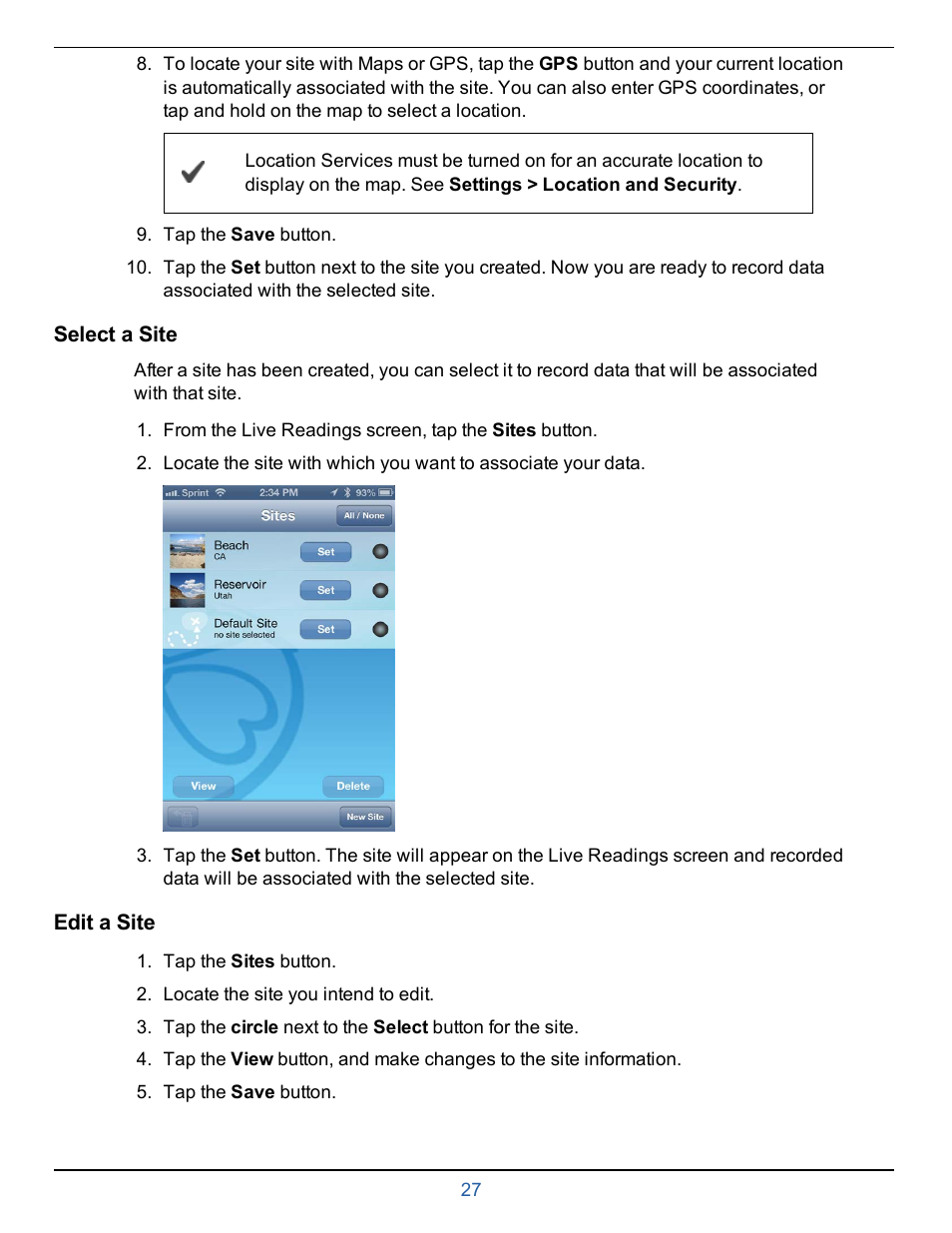 Select a site, Edit a site | In-Situ smarTROLL Multiparameter Handheld Operators Manual User Manual | Page 27 / 71