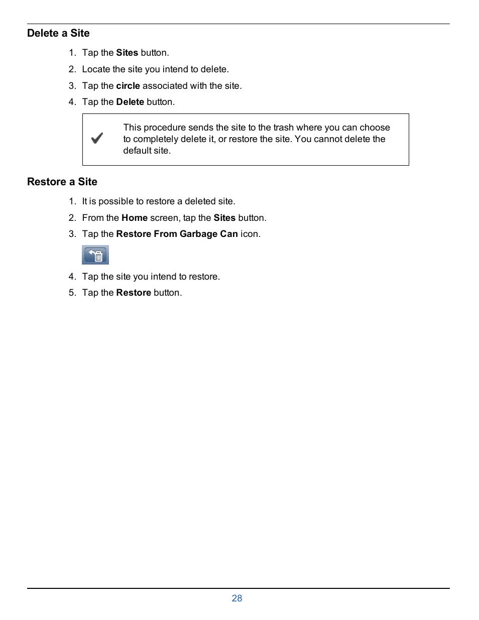 Delete a site, Restore a site | In-Situ smarTROLL Multiparameter Handheld Operators Manual User Manual | Page 28 / 71