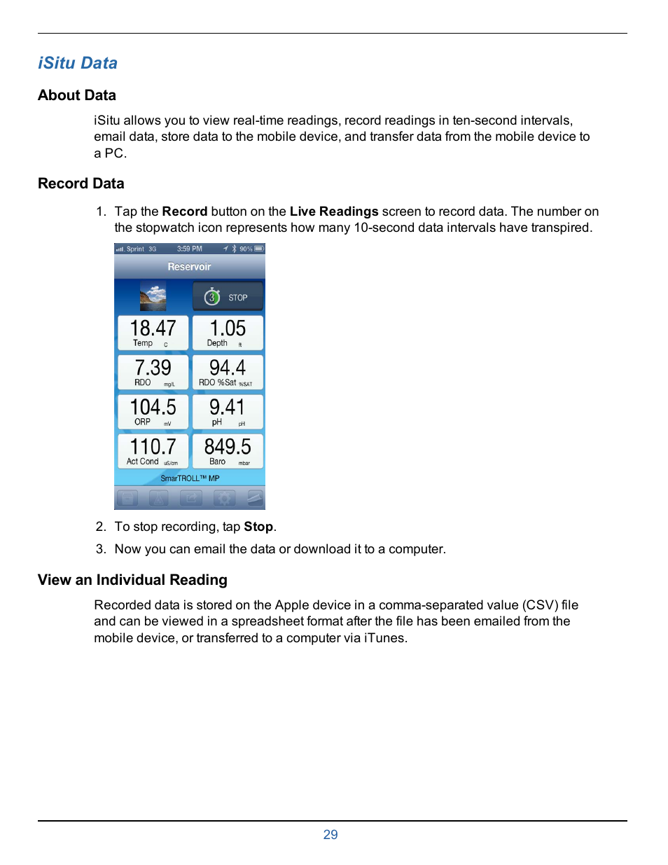 11 isitu data, About data, Record data | View an individual reading, Chapter 8—isitu data, Isitu data | In-Situ smarTROLL Multiparameter Handheld Operators Manual User Manual | Page 29 / 71