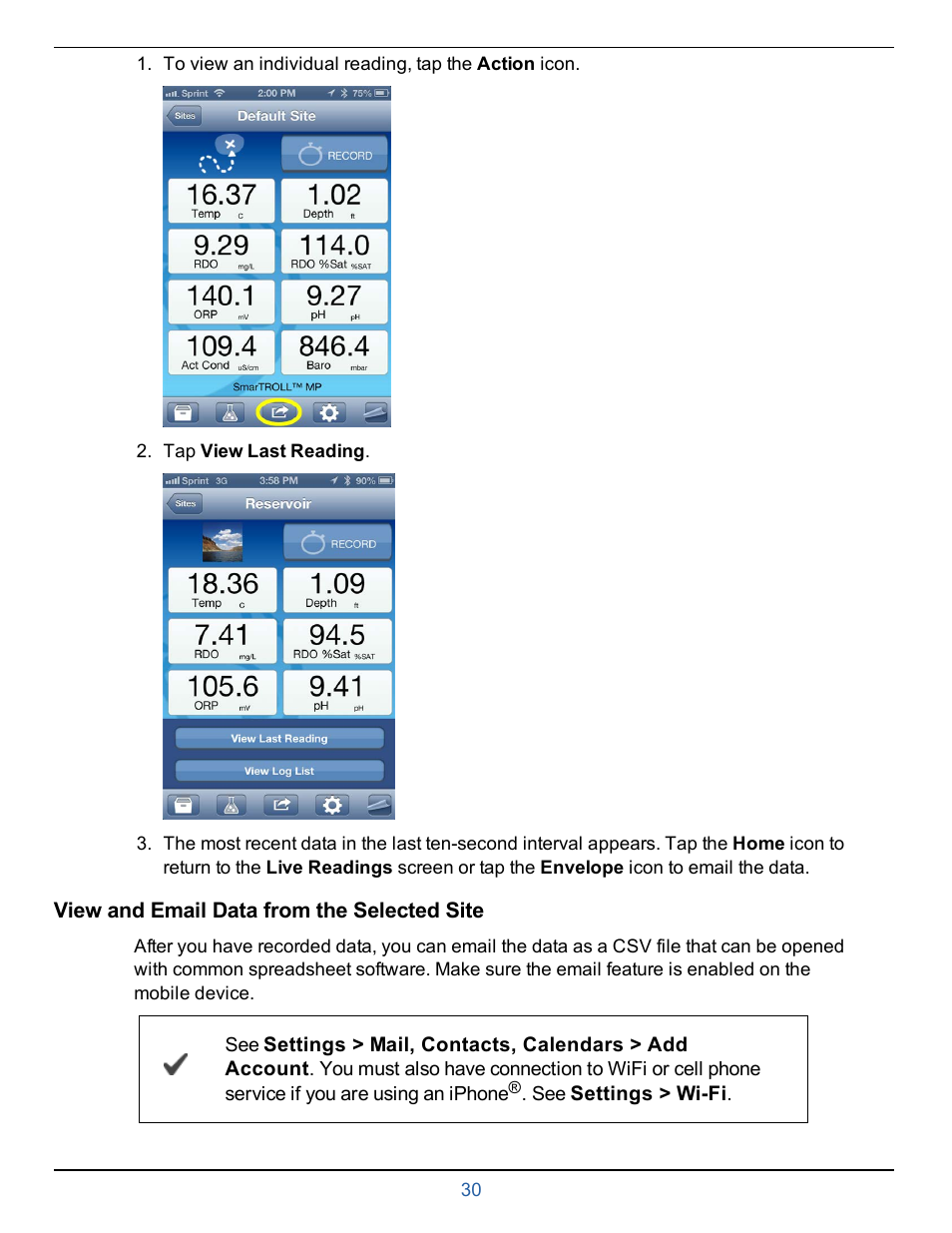 View and email data from the selected site, Email data in spreadsheet format | In-Situ smarTROLL Multiparameter Handheld Operators Manual User Manual | Page 30 / 71