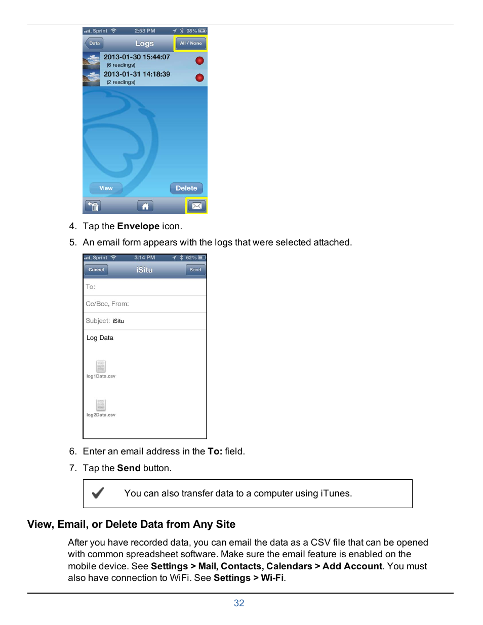 View, email, or delete data from any site | In-Situ smarTROLL Multiparameter Handheld Operators Manual User Manual | Page 32 / 71