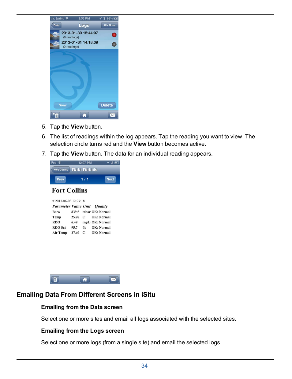 Emailing data from different screens in isitu, Emailing from the data screen, Emailing from the logs screen | In-Situ smarTROLL Multiparameter Handheld Operators Manual User Manual | Page 34 / 71