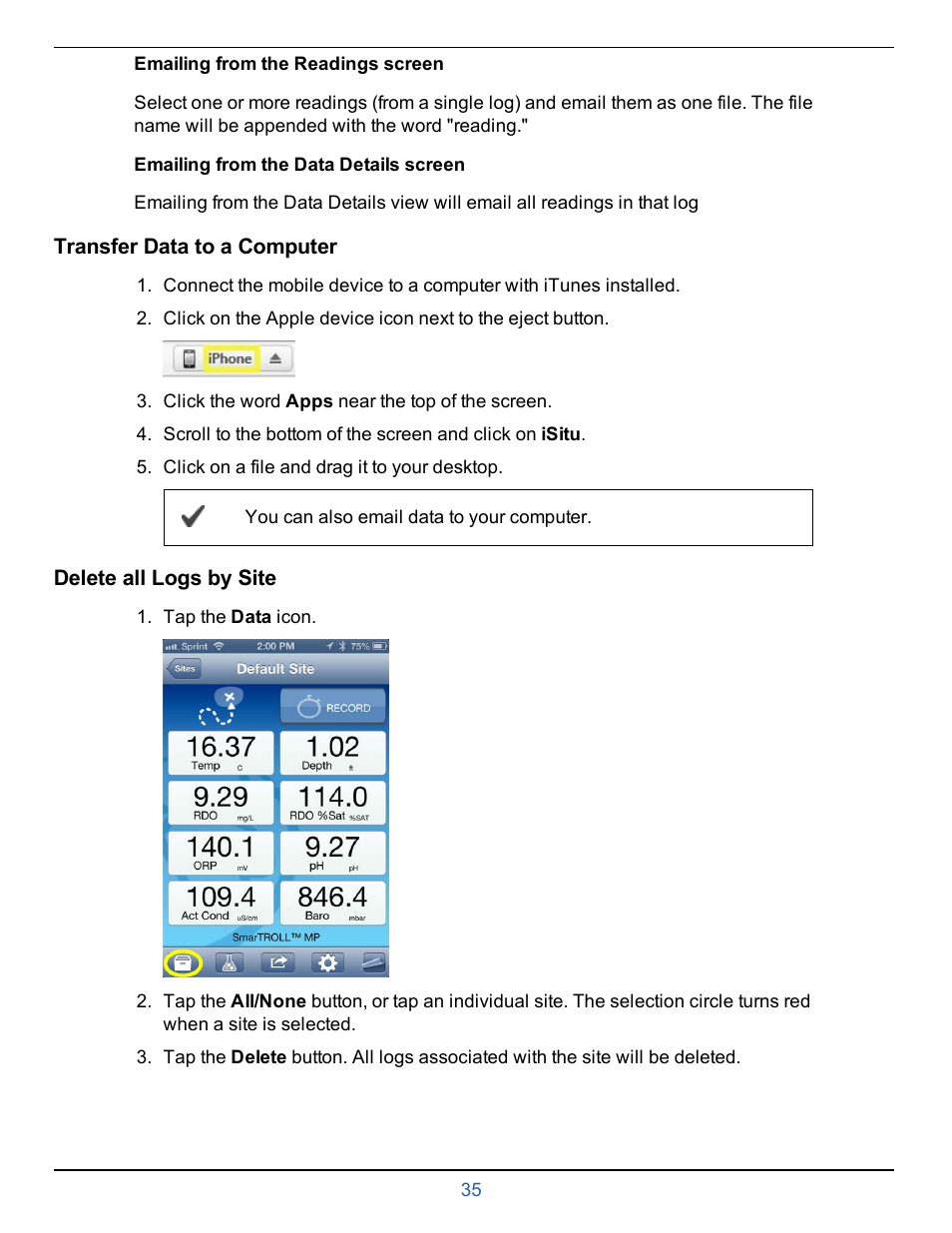 Emailing from the readings screen, Emailing from the data details screen, Transfer data to a computer | Delete all logs by site, Transfer data from mobile device to a computer | In-Situ smarTROLL Multiparameter Handheld Operators Manual User Manual | Page 35 / 71