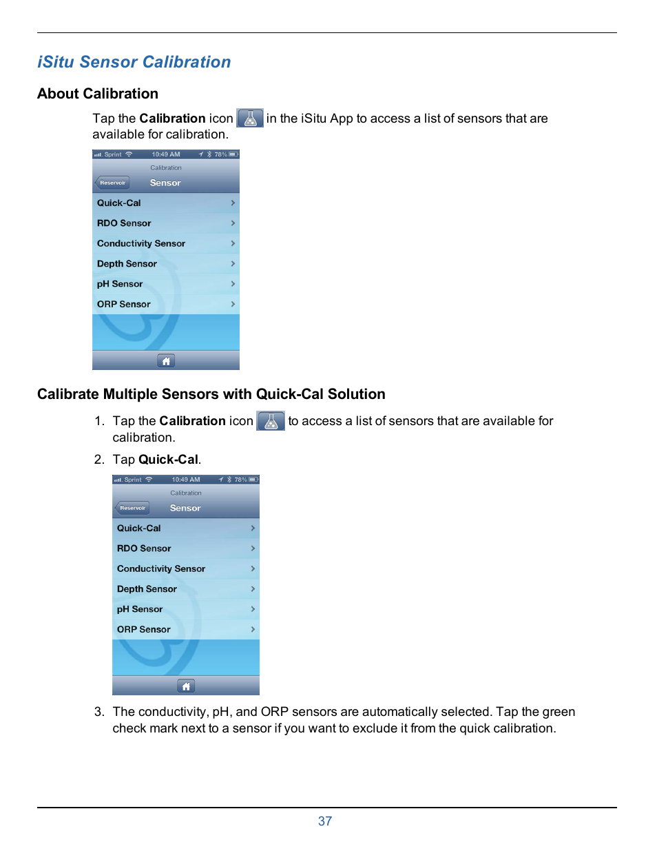 12 isitu sensor calibration, About calibration, Calibrate multiple sensors with quick-cal solution | Chapter 9—isitu sensor calibration, Calibrate sensors and view reports, Isitu sensor calibration | In-Situ smarTROLL Multiparameter Handheld Operators Manual User Manual | Page 37 / 71