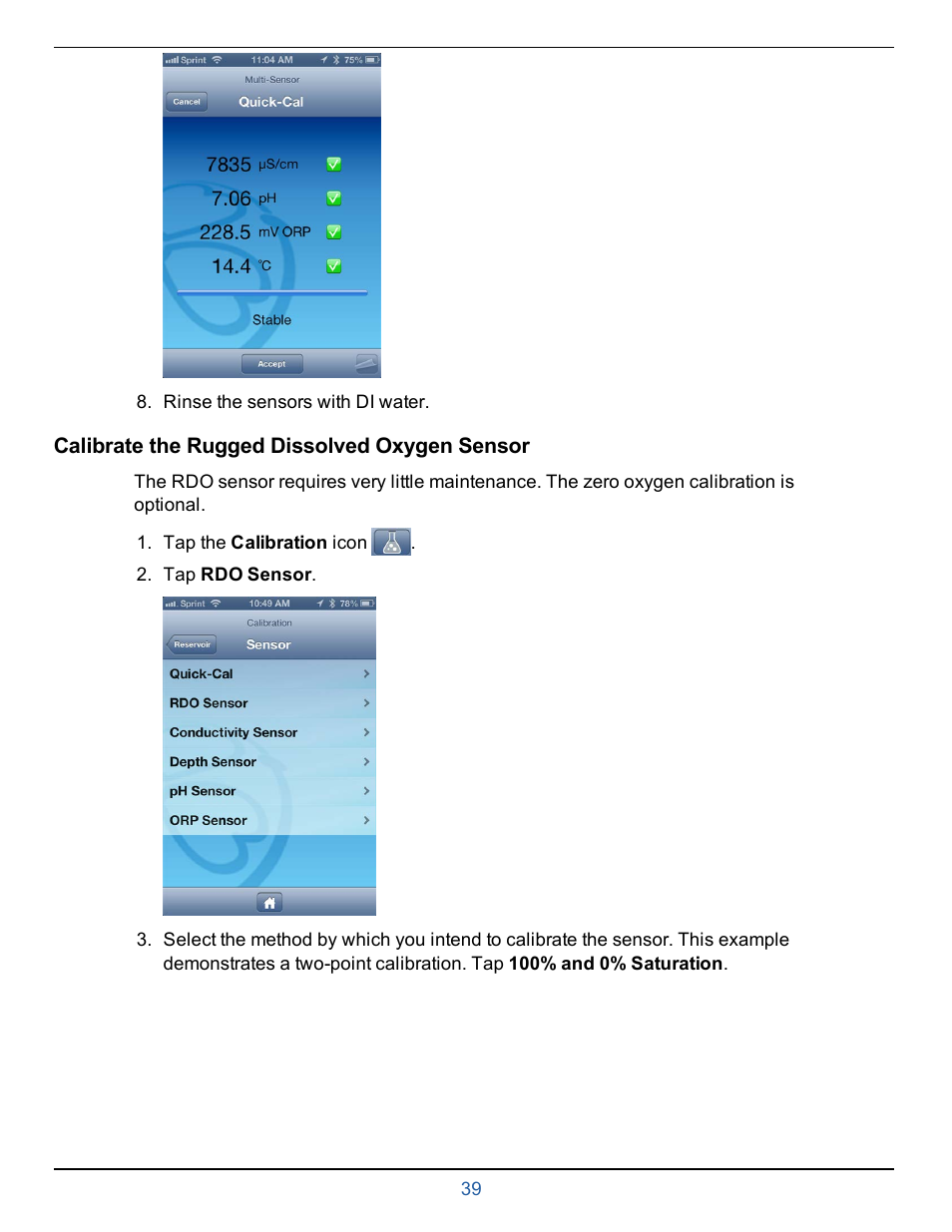 Calibrate the rugged dissolved oxygen sensor | In-Situ smarTROLL Multiparameter Handheld Operators Manual User Manual | Page 39 / 71