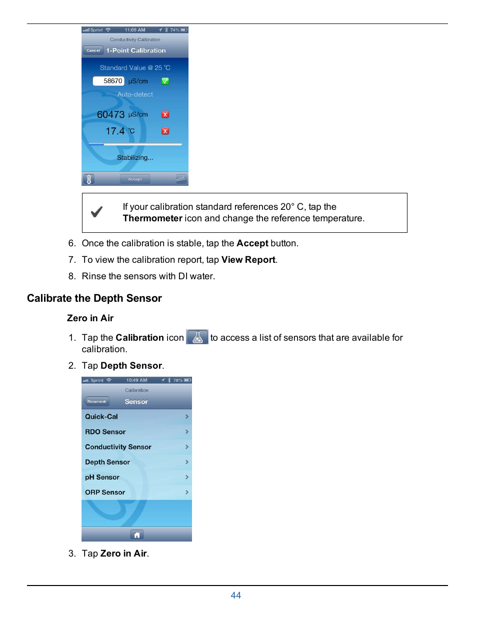 Calibrate the depth sensor, Zero in air | In-Situ smarTROLL Multiparameter Handheld Operators Manual User Manual | Page 44 / 71