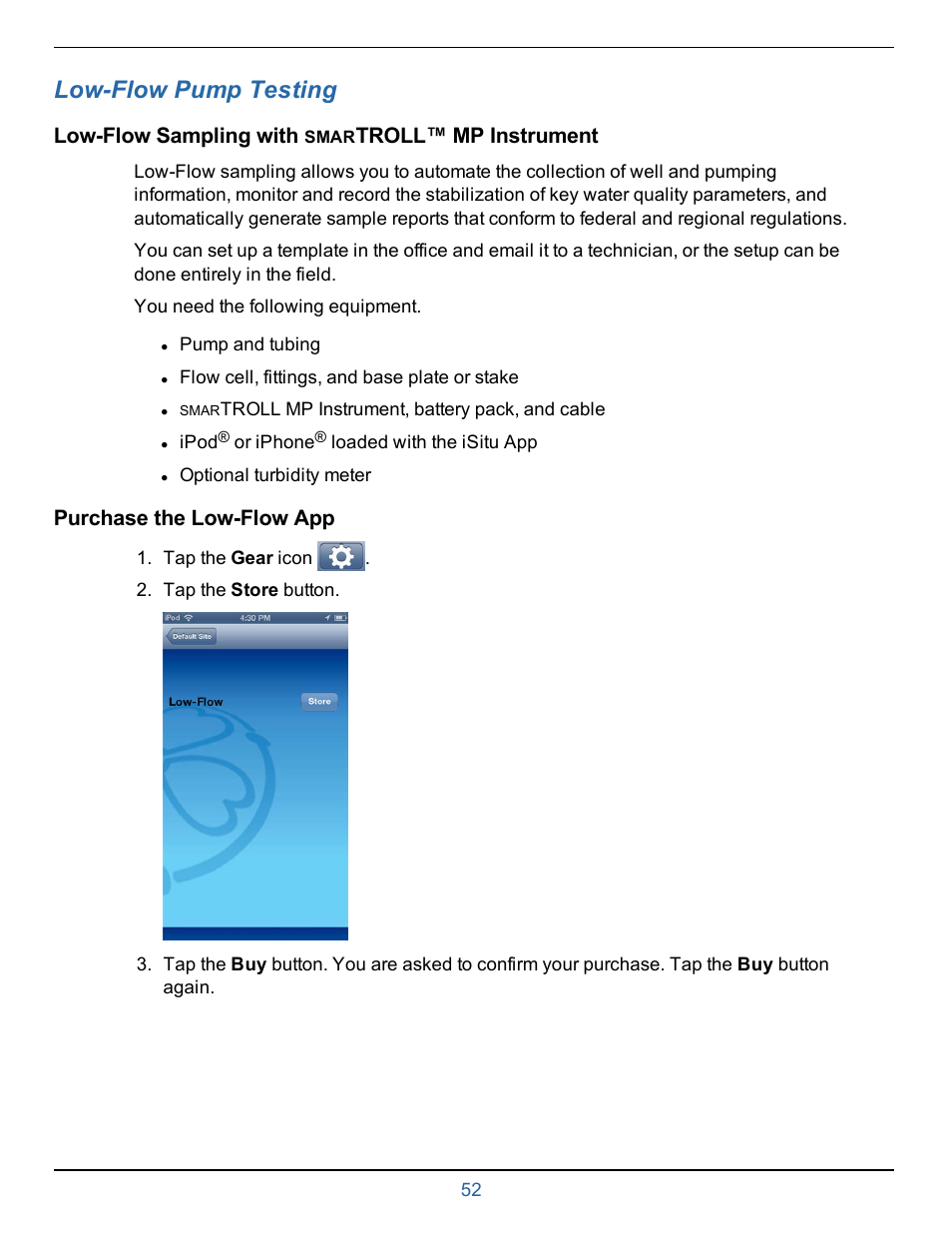 13 low-flow pump testing, Low-flow sampling with smartroll™ mp instrument, Purchase the low-flow app | Chapter 10—low-flow pump testing, Low-flow pump testing, Low-flow sampling with, Troll™ mp instrument | In-Situ smarTROLL Multiparameter Handheld Operators Manual User Manual | Page 52 / 71