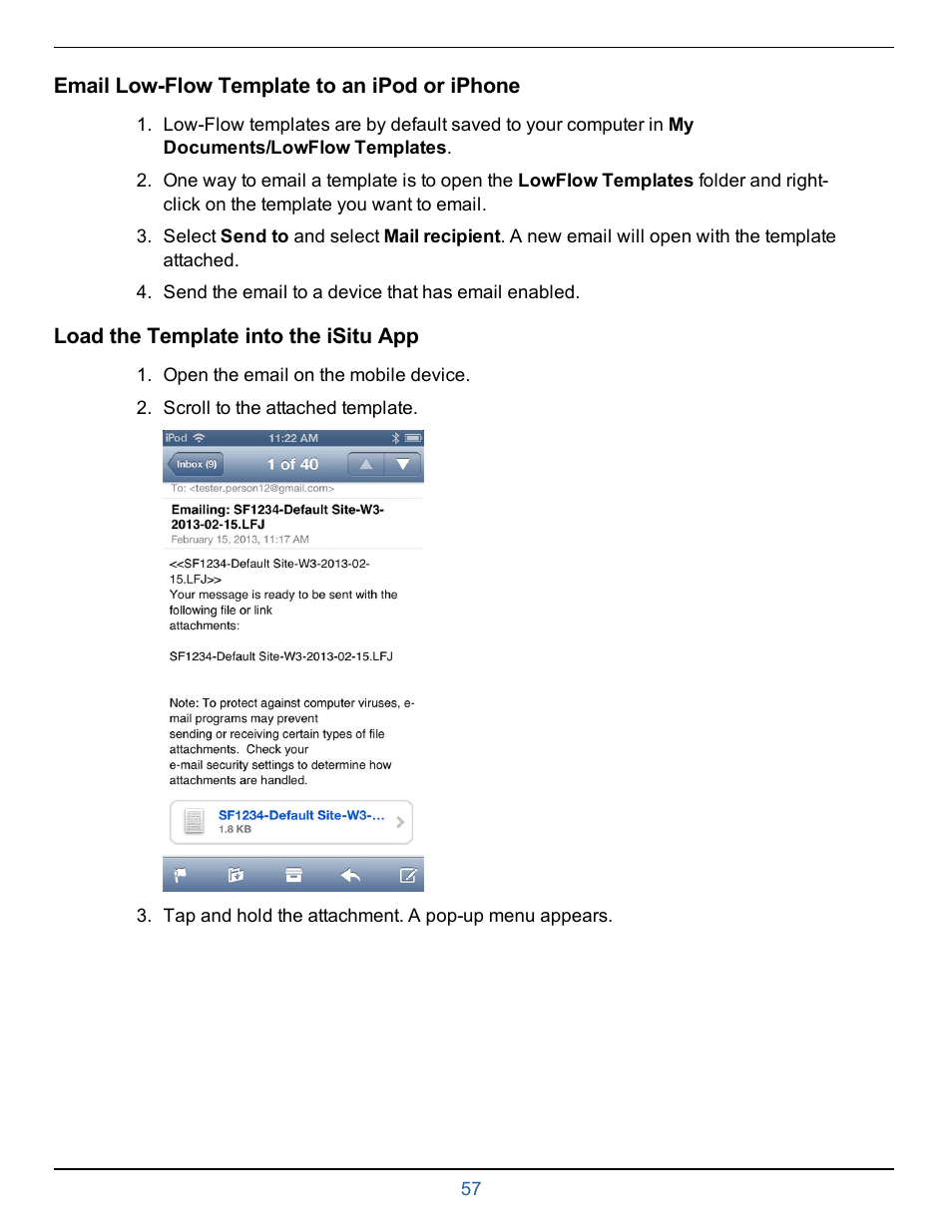 Email low-flow template to an ipod or iphone, Load the template into the isitu app | In-Situ smarTROLL Multiparameter Handheld Operators Manual User Manual | Page 57 / 71