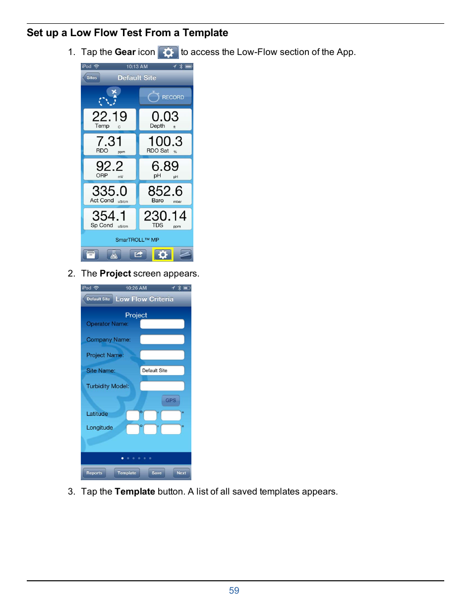 Set up a low flow test from a template | In-Situ smarTROLL Multiparameter Handheld Operators Manual User Manual | Page 59 / 71