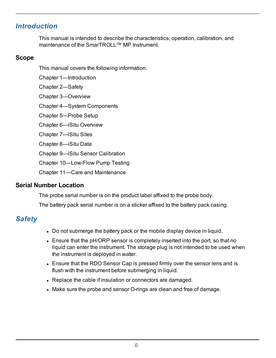 1 introduction, Scope, Serial number location | 2 safety, Introduction, Safety | In-Situ smarTROLL Multiparameter Handheld Operators Manual User Manual | Page 6 / 71